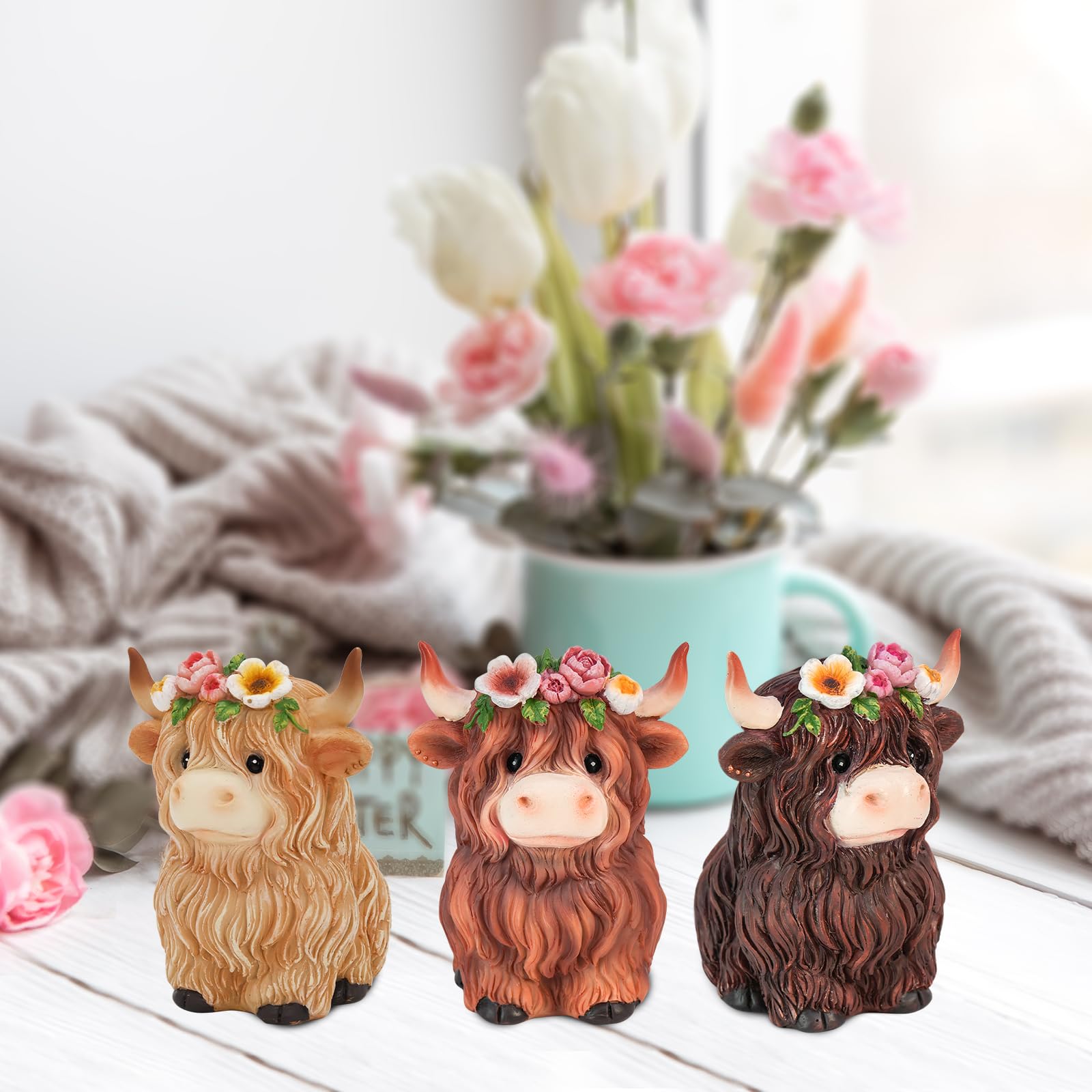 Highland Cow with Flower Hat - Set of 3 Amazon.com: Burbell 2 Pcs Highland Cow Figurines Daisy  main image 4