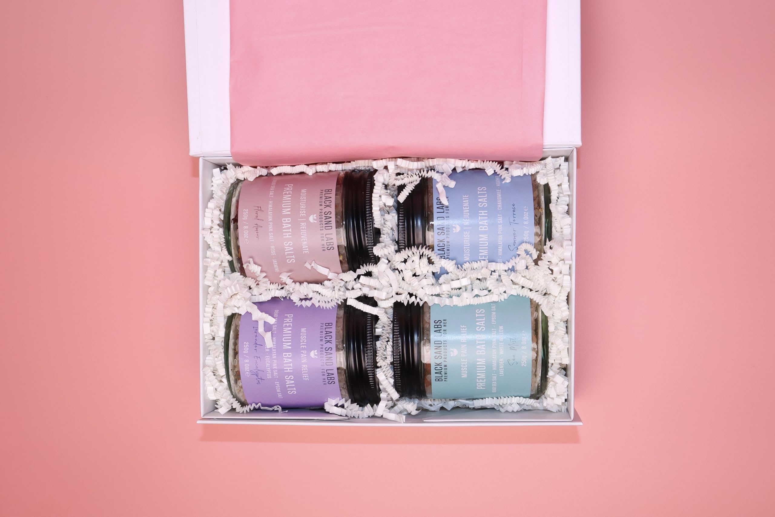 Badesalz Geschenkset für Sie - Totes Meer, Himalaya-Rosa & Bittersalz Mischung - Geschenkprobe für Frauen - 4x250g (Geschenkset - Floral Amour, Lavendel Eukalyptus, Sommerterrasse,