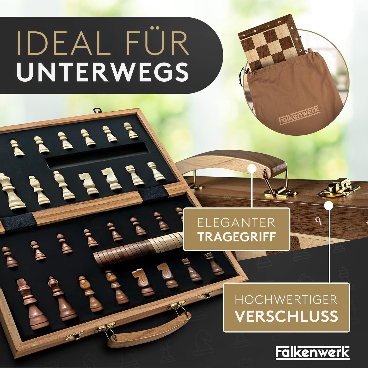 FALKENWERK Magnetisches Schachspiel Holz [38x38 cm] - Handgefertigtes Schachbrett aus Echtholz - Hochwertiges Schach Brett inkl. Anleitung & Tipps - Klappbares Chess Board mit Tragegriff