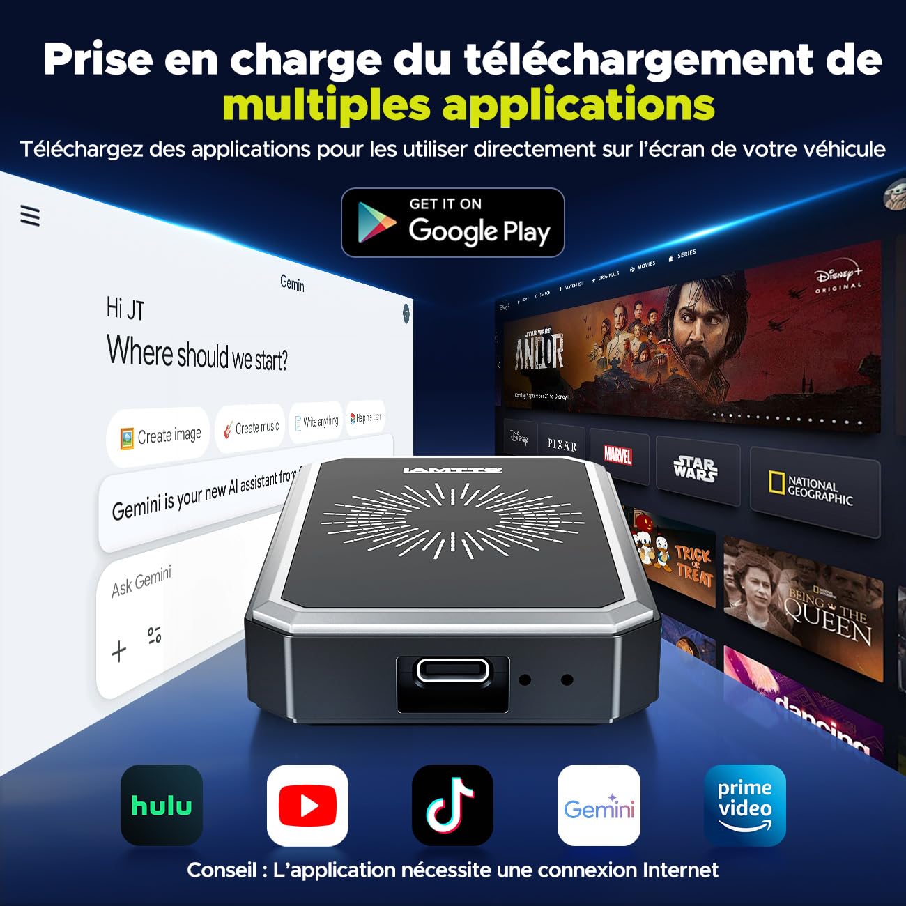 LAMTTO Adaptateur CarPlay sans Fil, AI Box Android avec Google Play Store, Gemini AI, CarPlay & Android Auto sans Fil, HDMI, AirPlay, Lecture USB, WiFi Double Bande, Bluetooth, OTA
