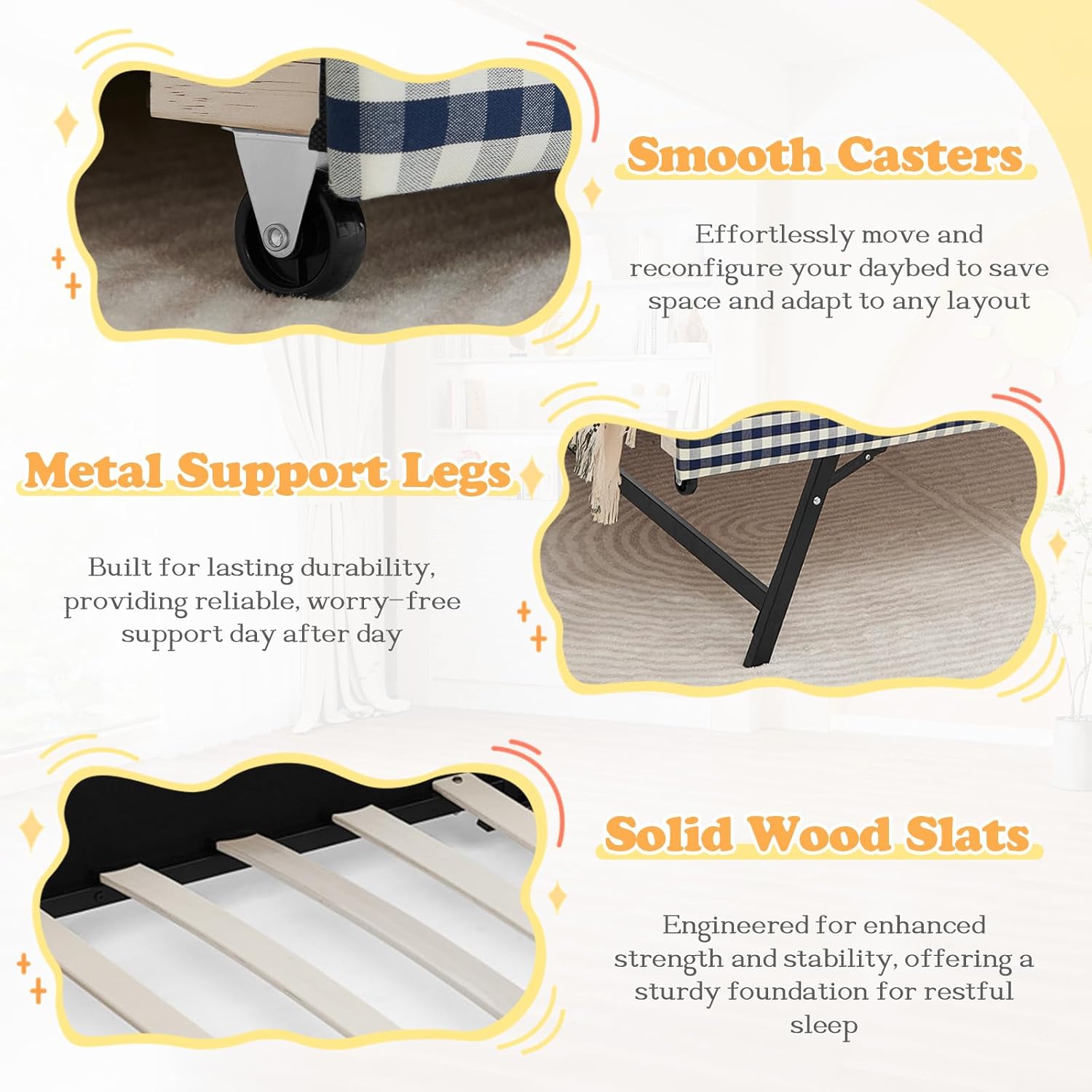 80.5" Daybed with Trundle, Gingham Twin Size Day Bed Frame with USB Charging Ports Modern Upholstered Sofa Bed for Living Room Bedroom Guest Room, Blue