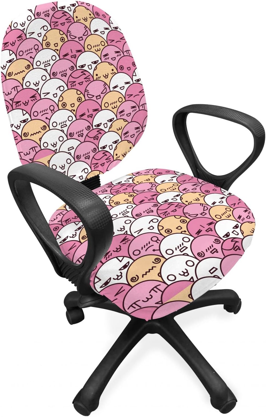 Ambesonne Anime Office Chair Slipcover, Pattern with Funny Kawaii Faces Showing Various Different Emotions, Decorative Stretch and Washable Fabric Cover, Standard Size, Pale Pink White