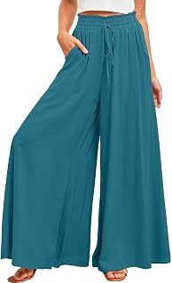 Palazzo Pants Culottes for Women Wide Leg Ruffle Drawstring High Waist Flowy Long Pant