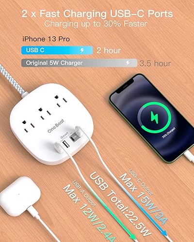 Miniatura 3 de Regleta de alimentación de enchufe plano de 15 pies, cable de extensión ultra plano - 3 tomas 4 puertos USB (2 USB C) 22.5W4.5A estación de carga de