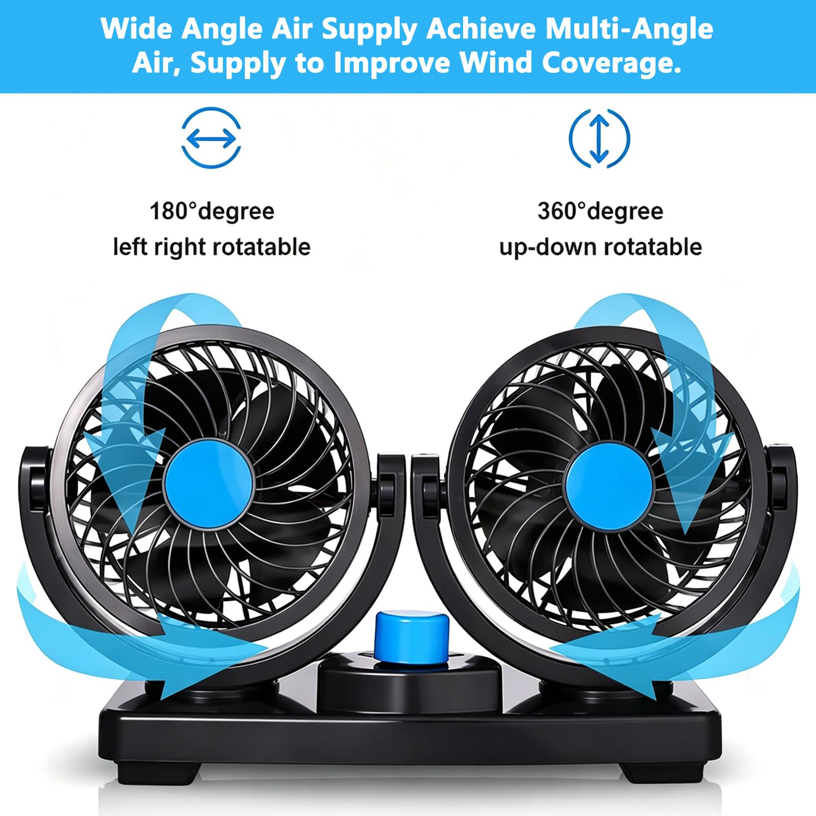 Ventiladores para Coche, Car Fans de Cabeza Doble 12V, 2 Velocidades, Rotación 360°, Ventilador Eléctrico 4" Silencioso para Camiones, Barcos, SUV, RV - Enfriamiento para el Verano