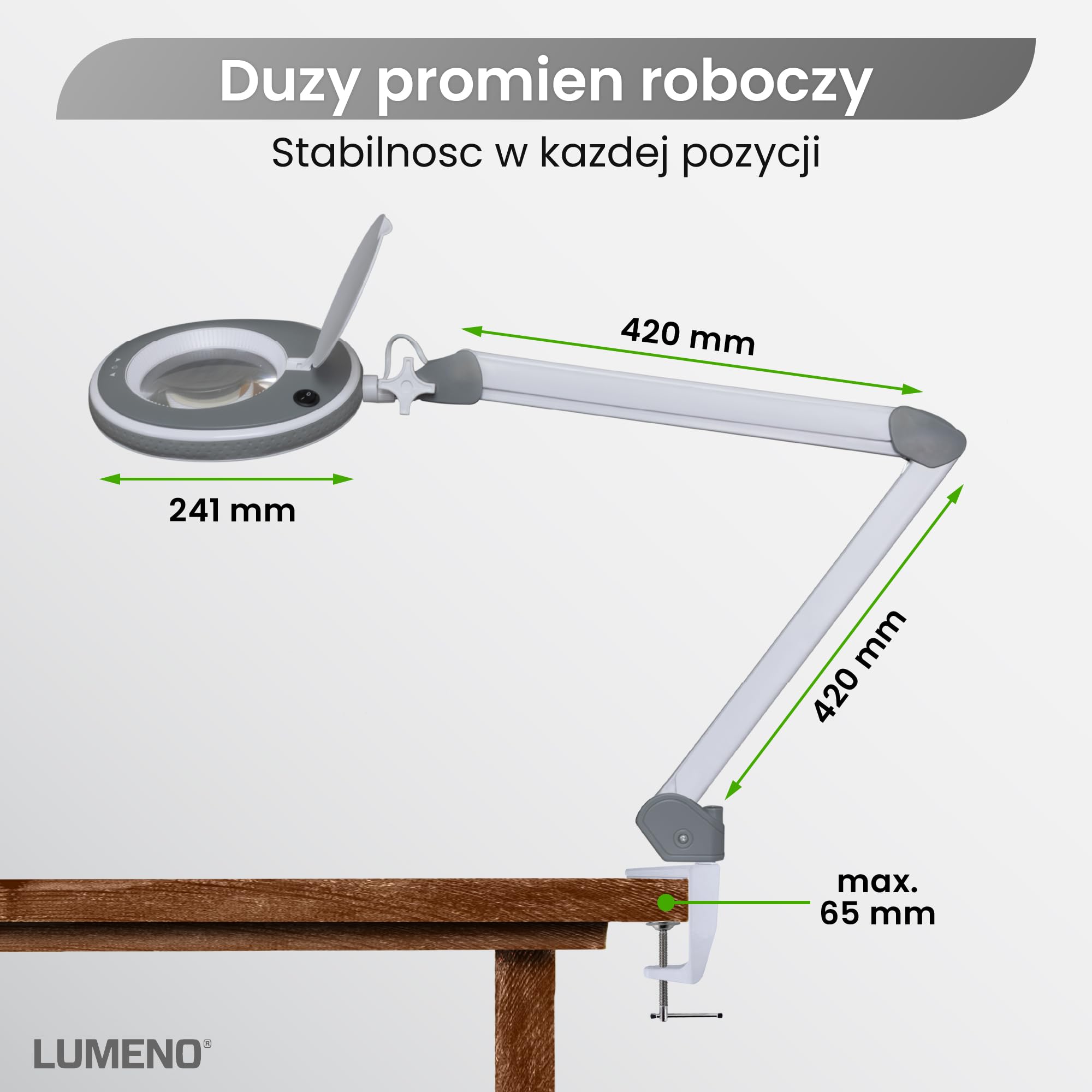 Lumeno 8213GR Lampa powiększająca LED Lampa do pracy Lampa kosmetyczna, regulowane poziomy jasności, krystalicznie czysta szklana soczewka 127 mm, pomoc w czytaniu/lupa, 3 dioptrie