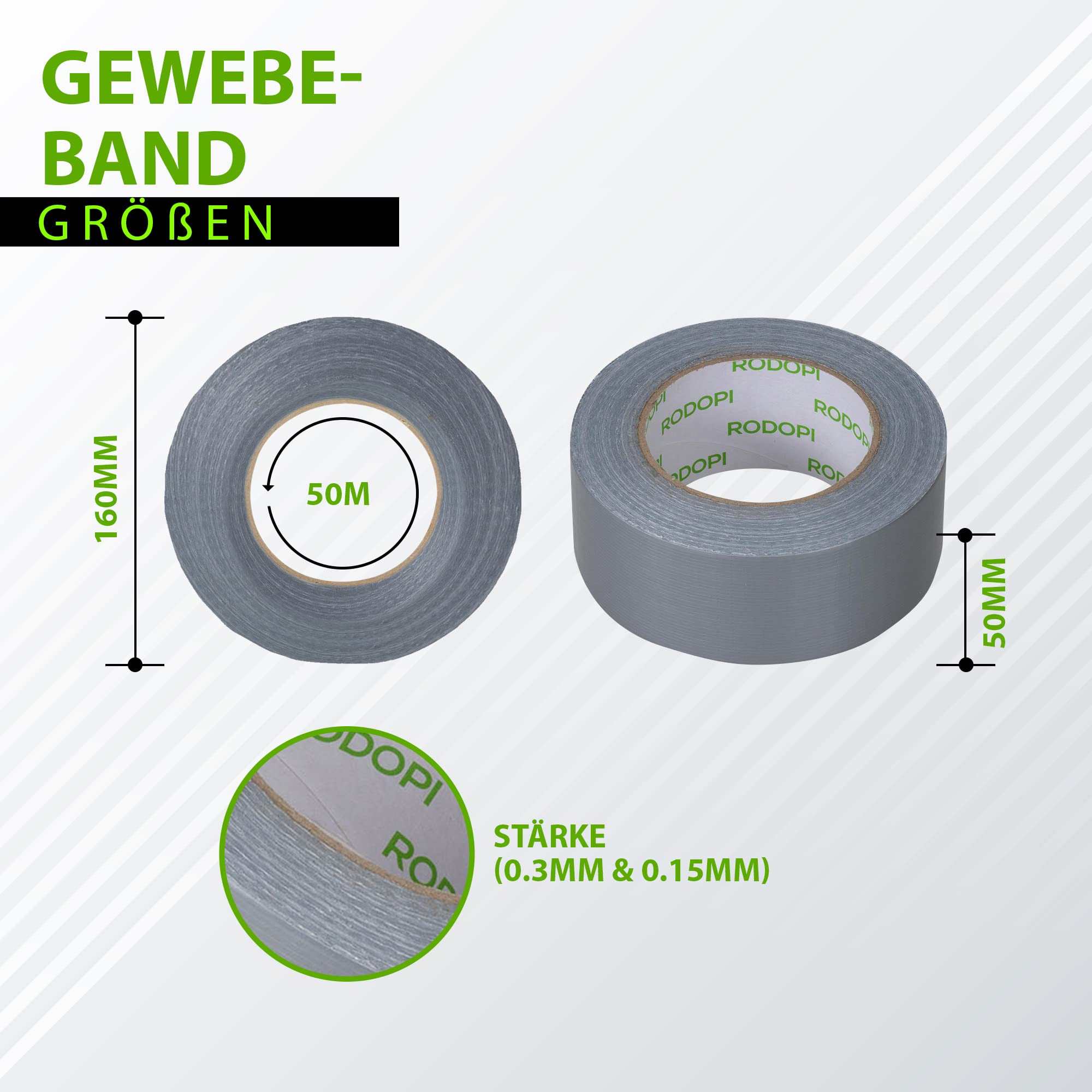 RODOPI Panzertape FixGrip 50mm x 50m Gewebeband Silber Schwarz Weiß Panzerband extra stark Gewebeklebeband Stärke 0,15mm Gaffa Tape Duct Tape wasserfest (36 Rollen, Silber)