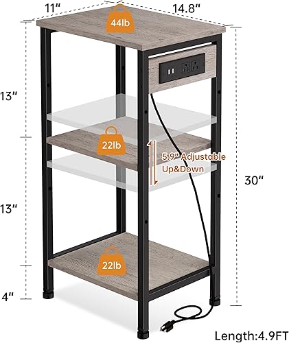 Miniatura 17 de Mesa auxiliar alta con estación de carga, mesita de noche estrecha de 3 niveles con almacenamiento, mesa auxiliar delgada con puertos USB y salidas
