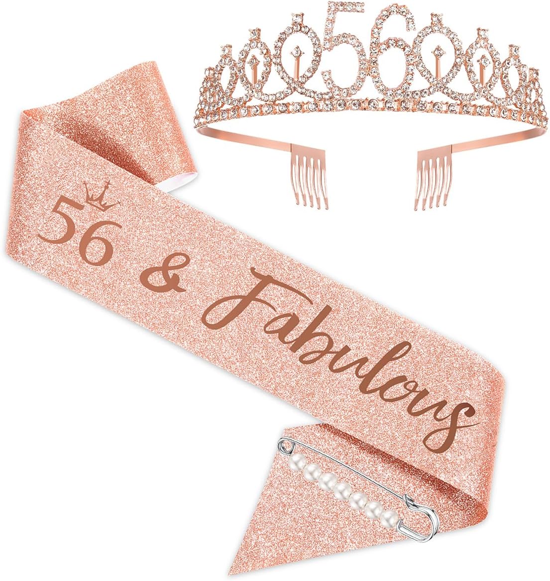 BRT Bearingshui 56th Birthday Sash and Tiara for Woman, Rose Gold Birthday Sash Crown 56 Fabulous Sash and Tiara for Woman, 56th Birthday Gifts for Happy 56th Birthday Party Favor Supplies