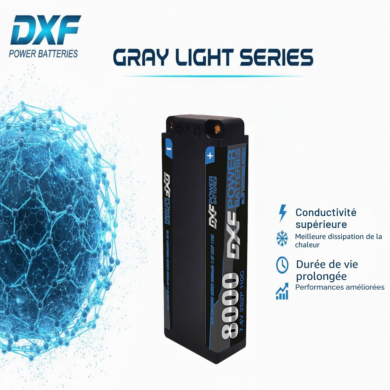 DXF Batterie LiPo 2S 8000mAh 110C 7.4V Prise 5mm Lot de 2 Boîtier Rigide pour Voiture RC 1/10 Camion Buggy Short Course Racing Hobby Haute Décharge Rechargeable Polymère Lithium Pack