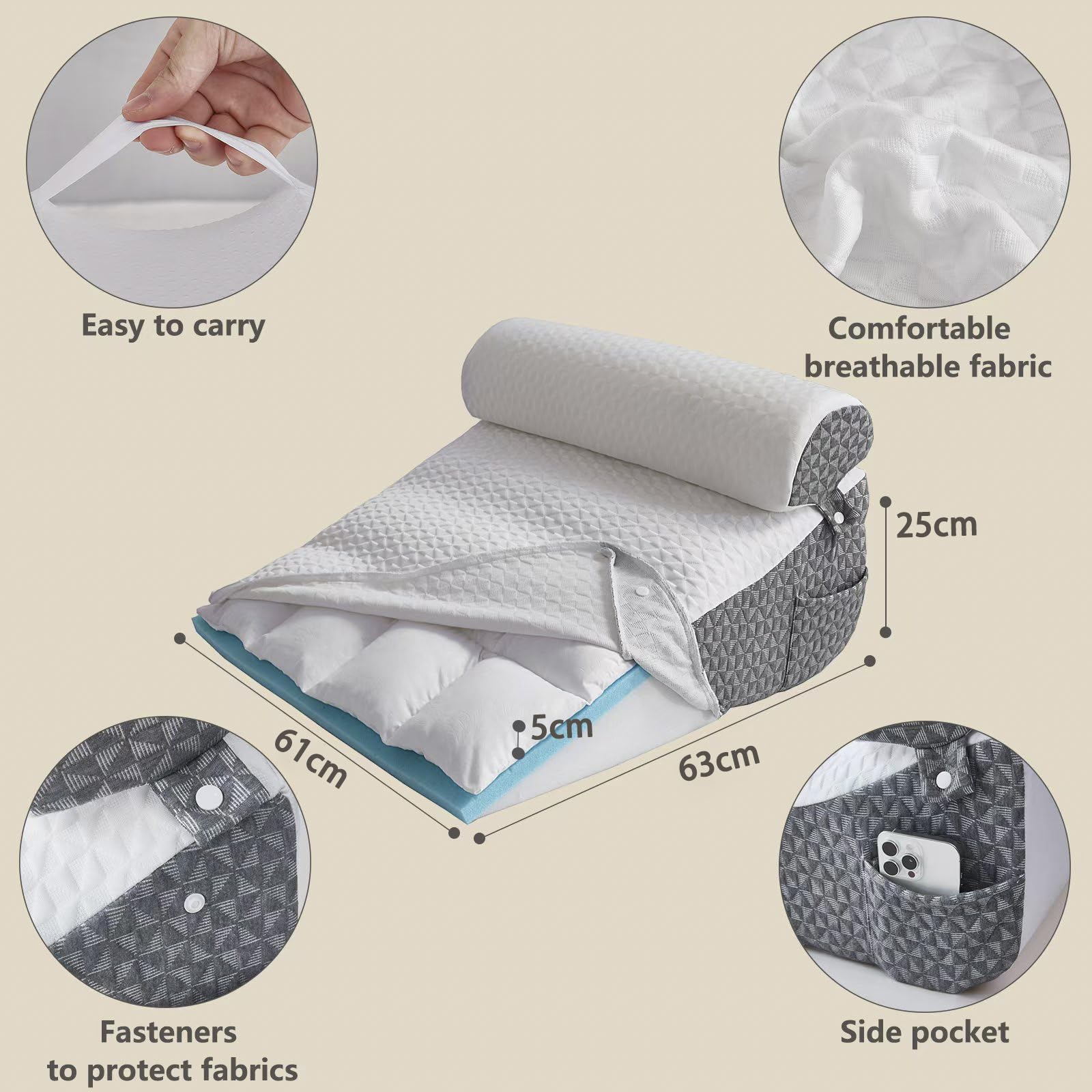 3 piezas de almohada de cuña con cojín de apoyo, almohadas de apoyo con cojín suave, almohada de espuma viscoelástica para dormir, cuña de cama inclinada para reflujo gastroesofágico, ronquidos