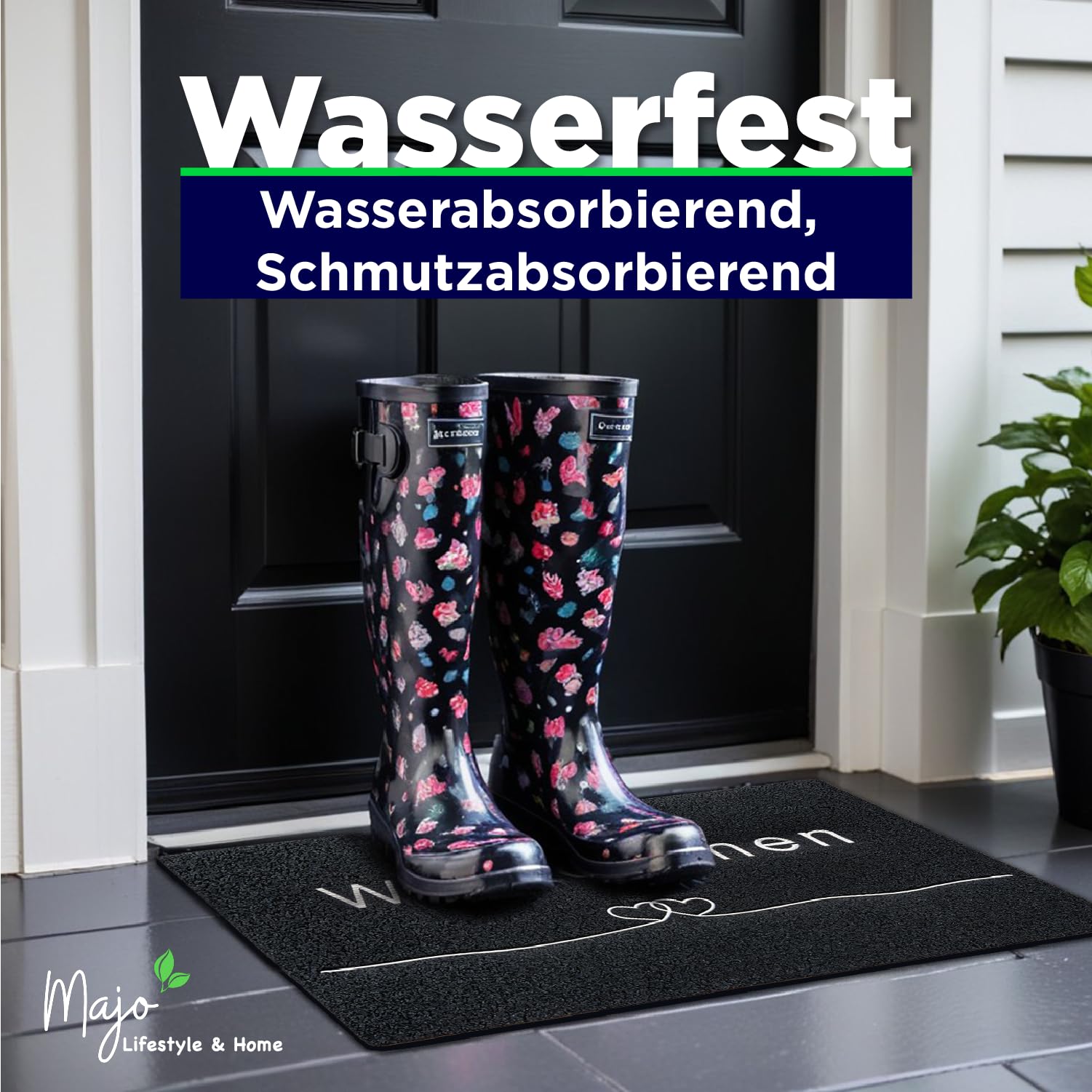 Fußmatte rutschfest waschbar Flur-Matte dünne Haustür-Matte, Schmutzfangmatte für innen und außen, Fussabtreter Eingangsbereich (ANTHRAZIT WILLKOMMEN, 40x60 cm)