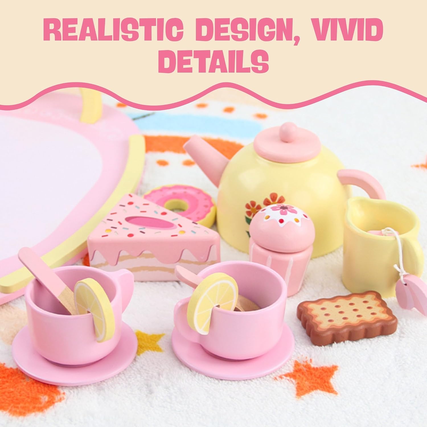 Wooden Tea Party Set for Girls, 16 Pcs Pink Pretend Play Tea Set