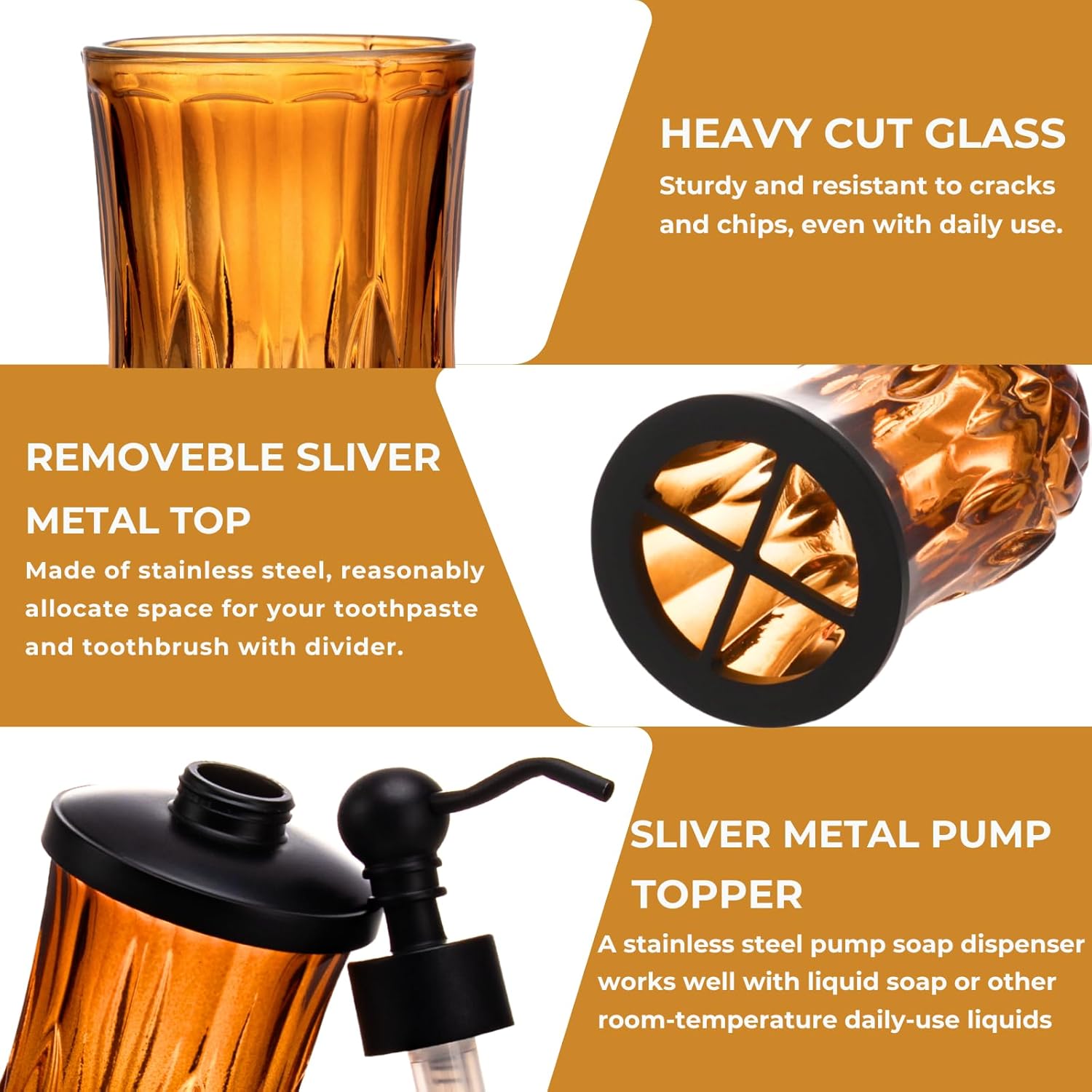 Bathroom Accessories Set,5 Pcs Amber Glass Bathroom Accessory Set, Complete Lotion Soap Dispenser, Toothbrush Holder, Soap Dish, Tumbler & Jar, Modern Bathroom Decor Sets Gift,Round