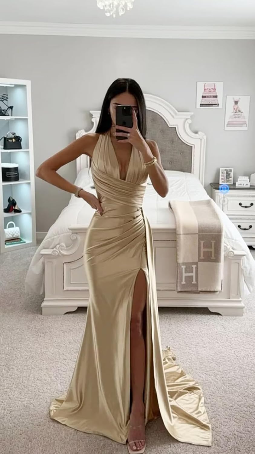 Mermaid Satin Halter Prom Dresses Long - Formal Dresses Evening Party Gown with Slitss