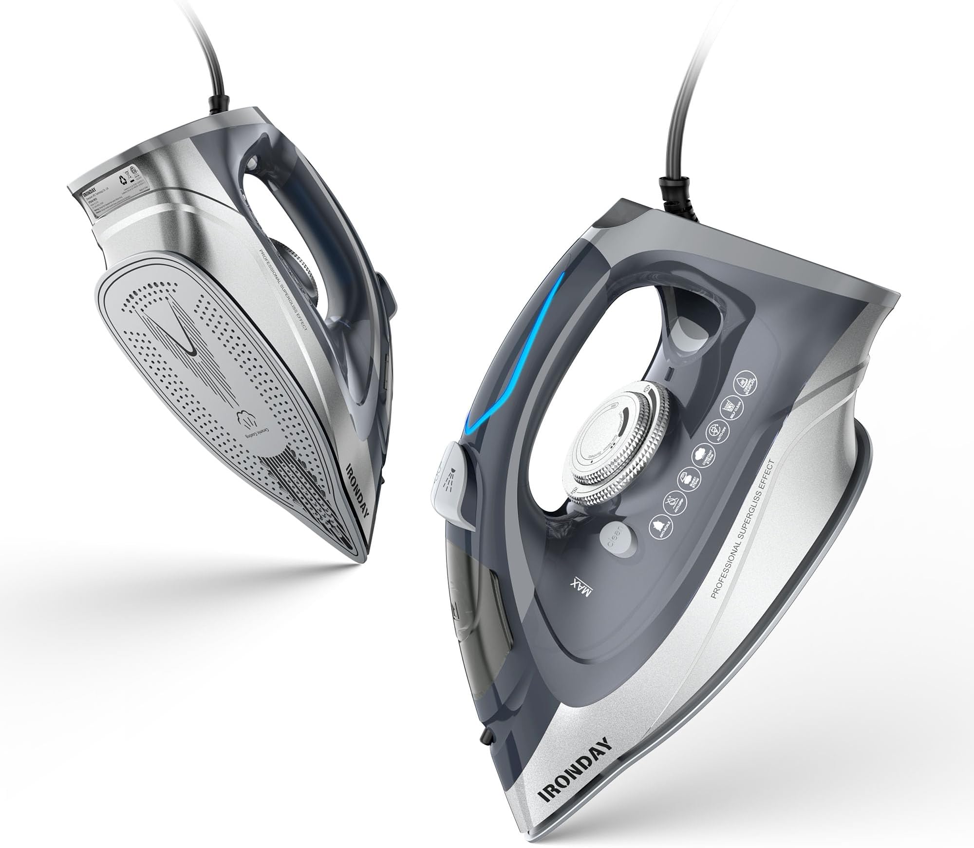 IRONDAY Steam Iron for Clothes Rapid Heating, 1700W Iron Burst of Steam, Non-Stick Ceramic Soleplate, Auto shutoff, Anti-Drip, Self-Cleaning, 10.14oz Water Tank Ironing Clothes for All Fabrics, Grey