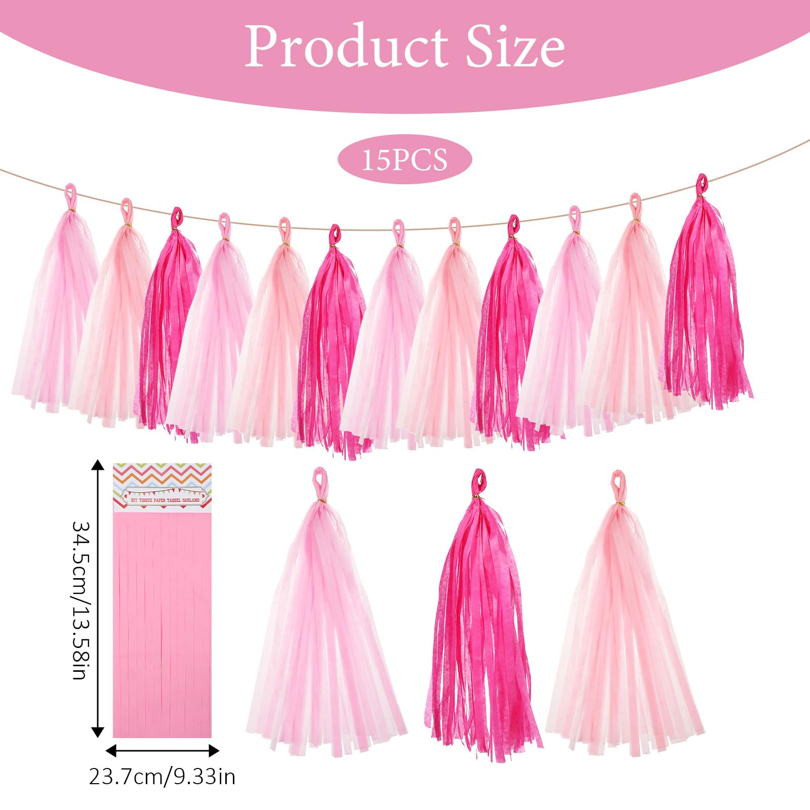 15Pcs Tassels Paper Pink Party Tassel Garland Banner Table Decor for Party Decorations, DIY Kits for Girls Women Birthday Wedding Bridal Shower Bachelorette Anniversary (Pink Rose Red)