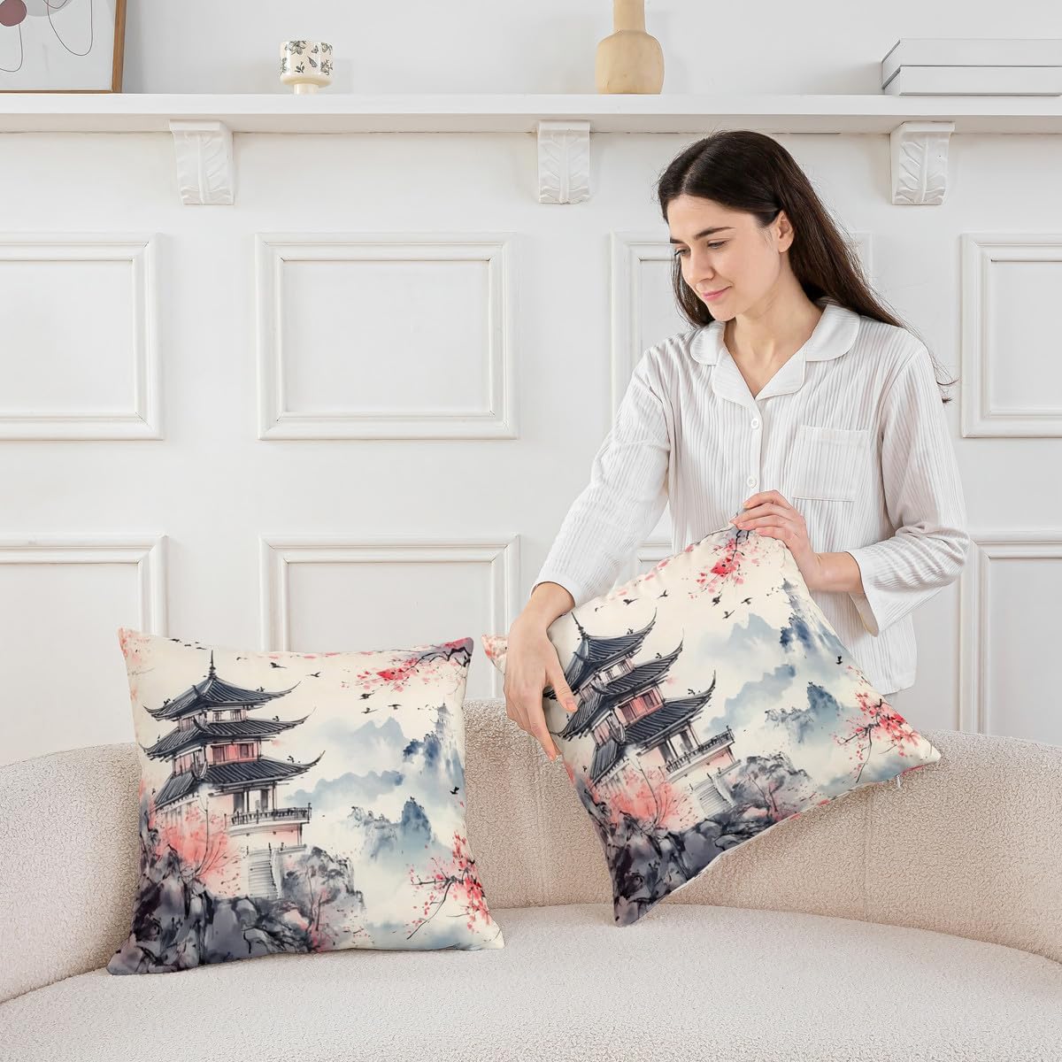 Erosebridal Pavilions Cushion Cover 16x16 Inch Chinese Ink Decorative Pillowcase for Teens Adults Anime Japanese Floral White Pink Red Cushion Case Soft Throw Pillow Cover image 3
