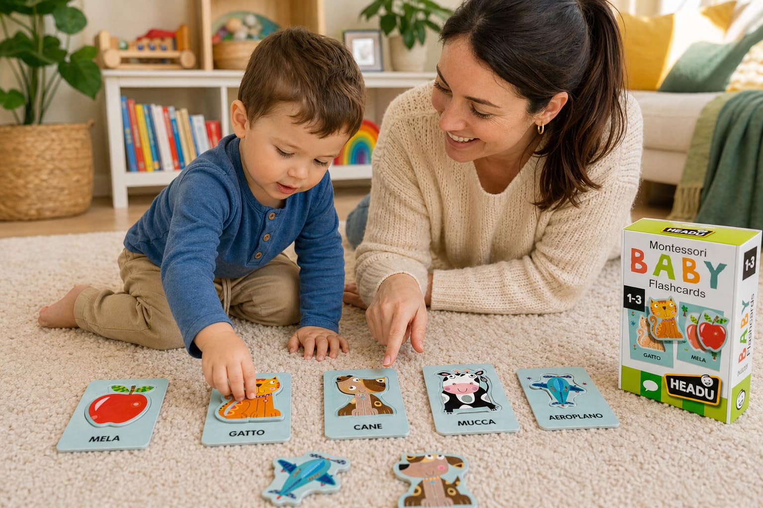 HEADU - Baby Flashcards Montessori - Ascolta e Pronuncia le Prime Parole| Giochi Educativi 1 2 3 Anni, Carte Sagomate ad Incastro, Giochi Montessori per Imparare Prime Parole, Regalo Bambina Bambino