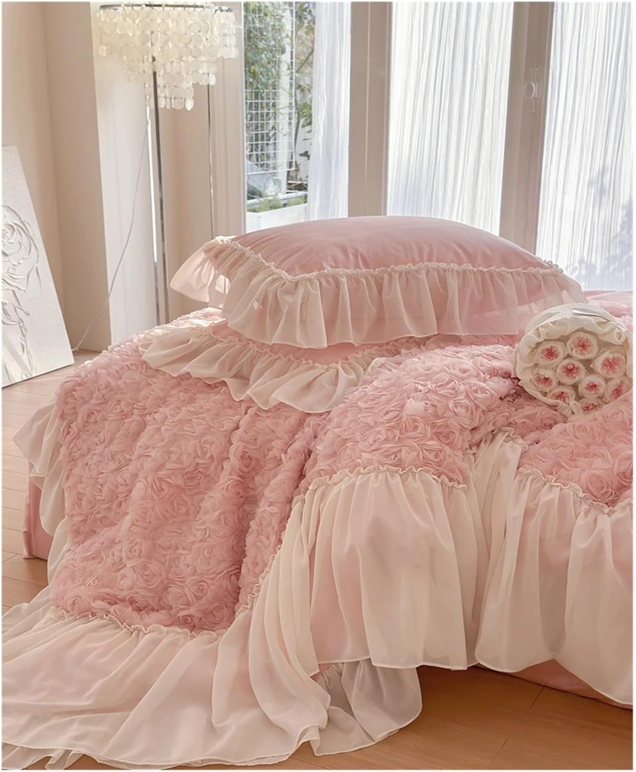 Pink Three-Dimensional Rose Flowers Lace Ruffles Patchwork Duvet Cover Bed Sheet Pillowcases 1200TC Egyptian Cotton Bedding Set,Bed