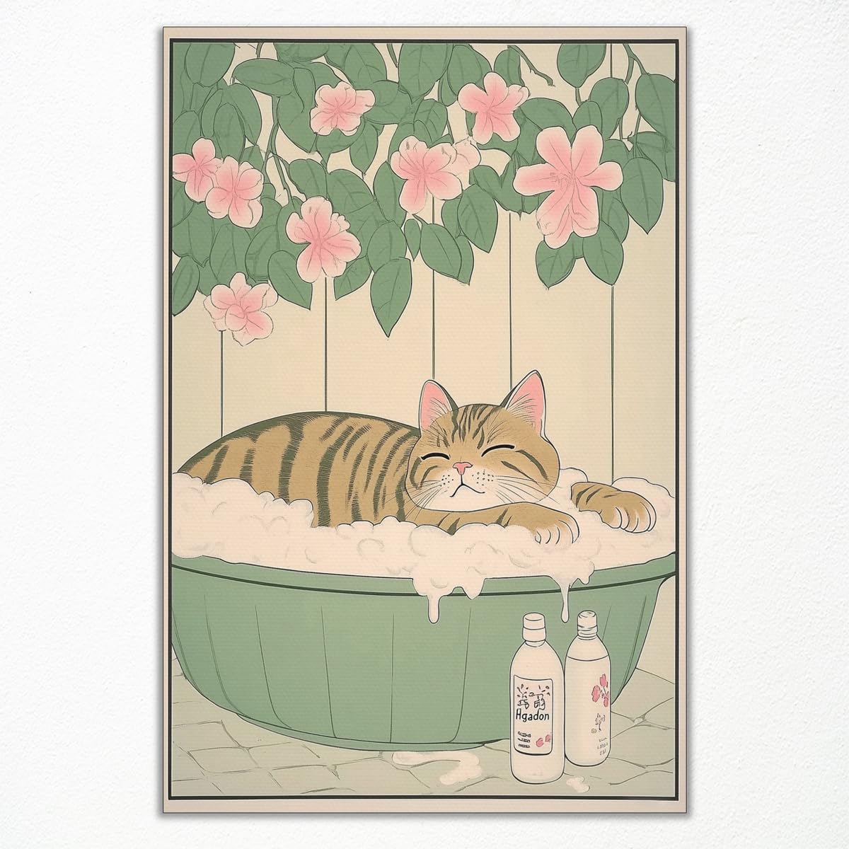 Cute Cat Canvas Wall Art, Funny Japanese Cat In Bathroom Poster, Cat In A Bubble Bathtub Painting, Neutral Japan Asian Aesthetic Print, Cute Animal and Pink Flowers Picture Decor 8x12in Unframed