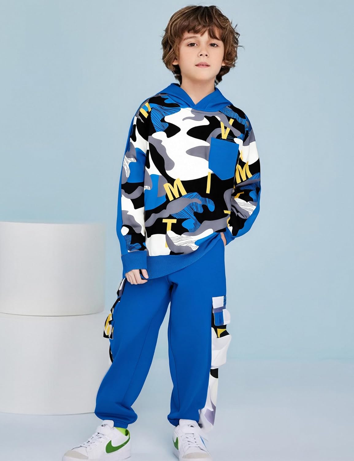 Boys Clothes Camouflage Patchwork Long-Sleeved Hooded Sportswear, Camouflage Sports Pants,Boys Outfits - Image 2