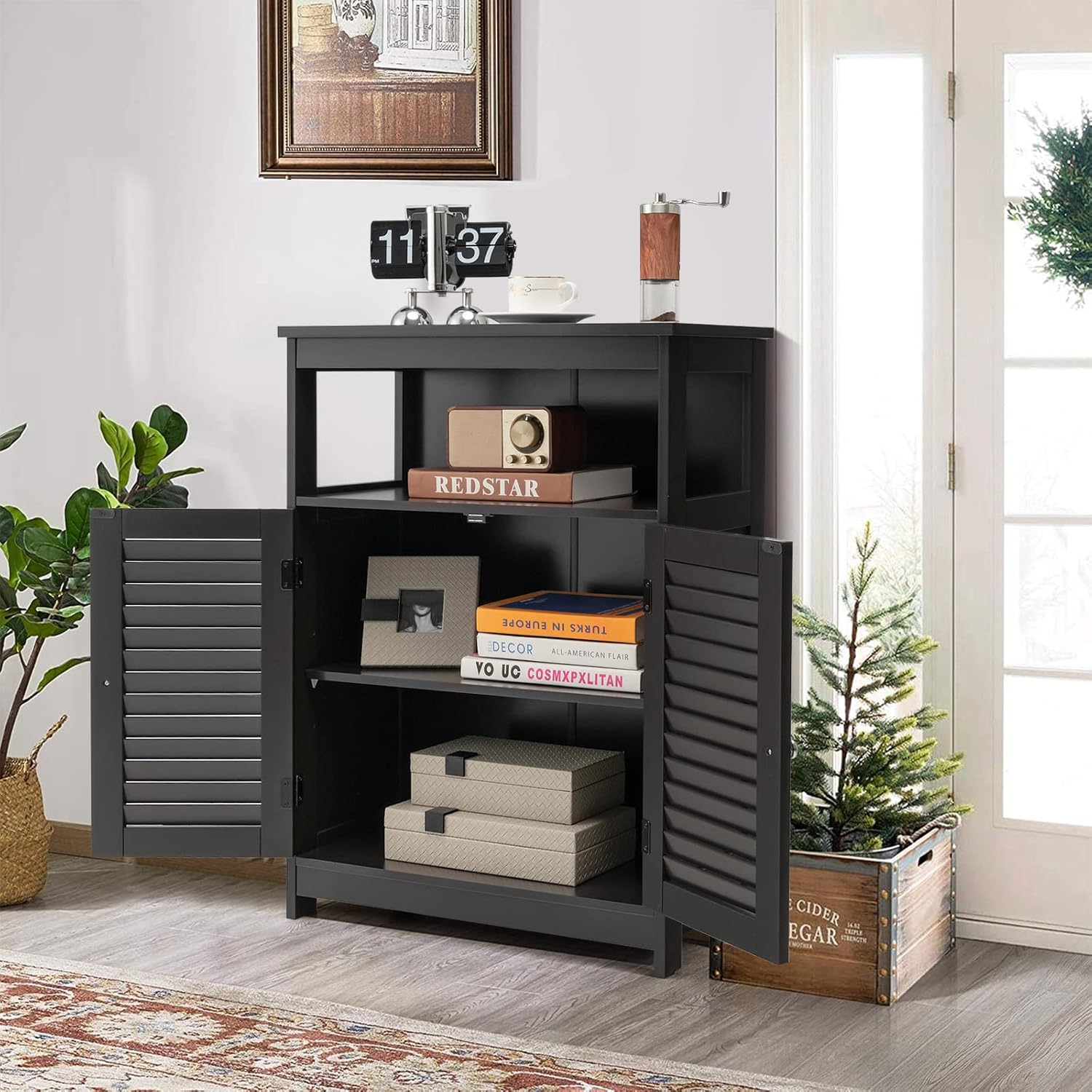 BECOMFORT Bathroom Storage Cabinet, Freestanding Bathroom Storage Organizer w/Double Shutter Doors & Adjustable Shelf, Multipurpose Wooden Floor Cabinet for Bathroom, Living Room, Entryway (Black)