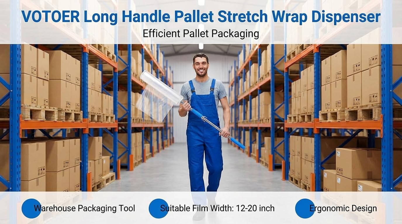 Long Handle Pallet Stretch Wrap Dispenser, Stretch Film Packing Machine Shrink Wrap Dispenser Holder, for Film Width 12-20 inch