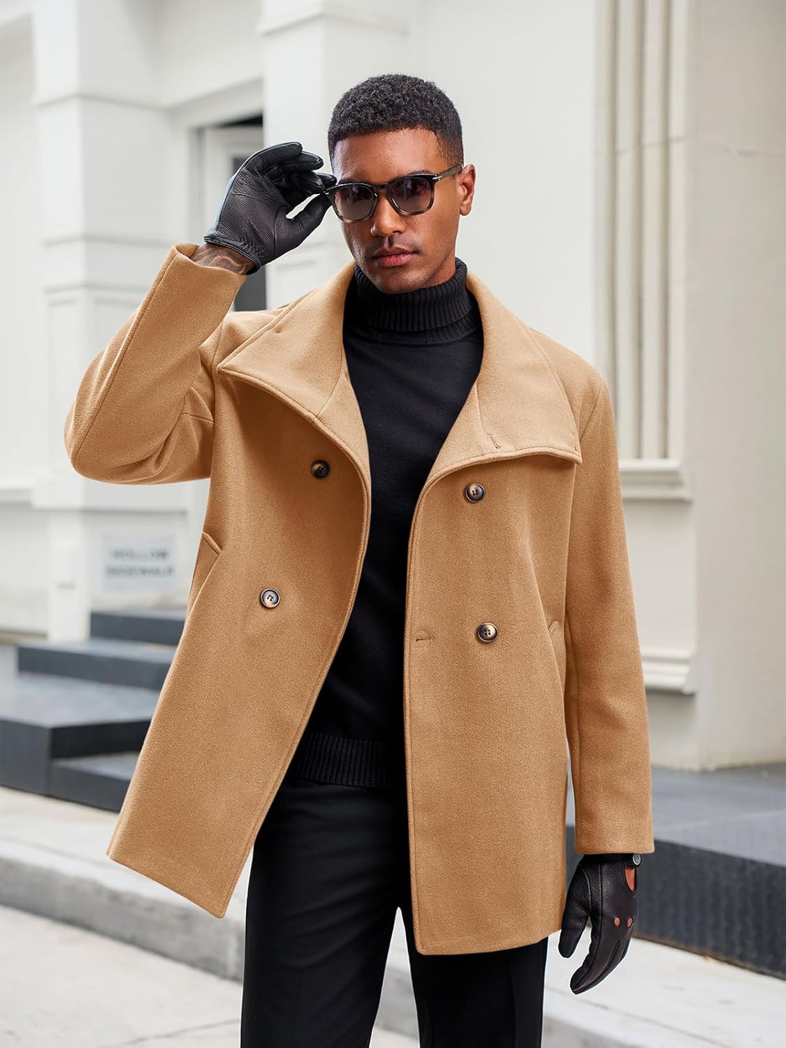 Yousify Mens Trench Coat Double Breasted Stand Collar Overcoat Casual Winter Warm Business Short Pea Coat - Image 3