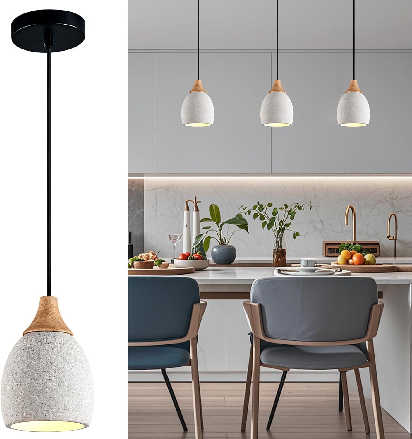 Concrete Pendant Light with Wooden, E26 Hanging Light for Restaurant Bar, Modern Industrial Hanging Cement Pendant Lighting Fixture for Kitchen Island Dinning Room Bedroom(1-Pack)
