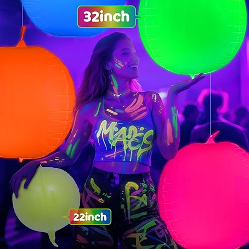 Miniatura 5 de Suministros de fiesta que brillan en la oscuridad, 4 globos de neón redondos de 32 pulgadas para arcosguirnaldas de fiesta brillantes, luces negras