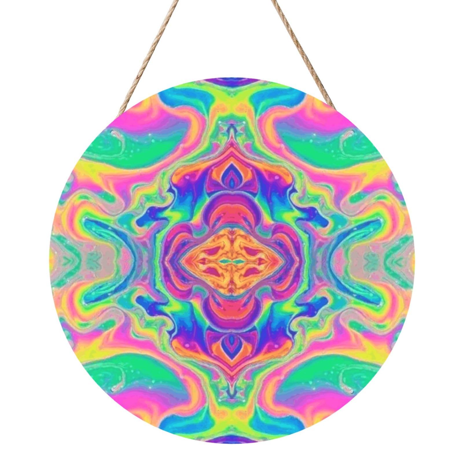 InOmak Neon Rainbow Colorful Tie Dye, Round Wood Panel Painting 12 in, Wall Hanging Painting For Home