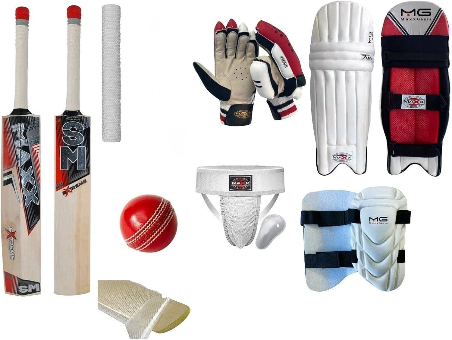 Maxx Cricket Set (10pc) – Bat, Leg Pads, Gloves, Ball, Guard, Thigh Pad, Cone & More (Left Hand, 2.12LB SH)
