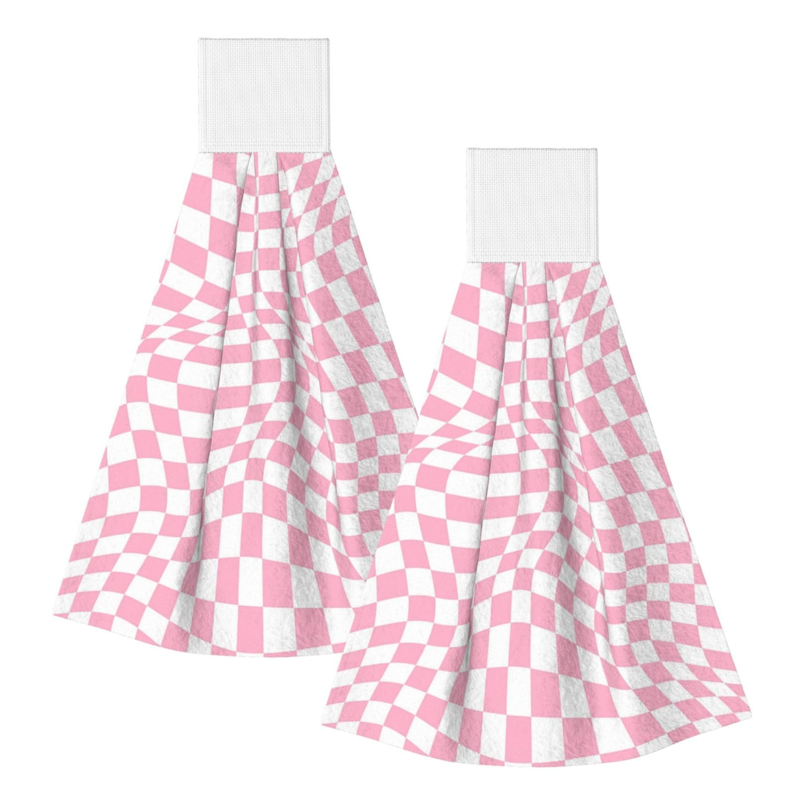 DOPKLNA Pink Checkered, 2 Pcs Hanging Coral Fiber Hand Towels for Bathroom, Absorbent Kitchen Towels