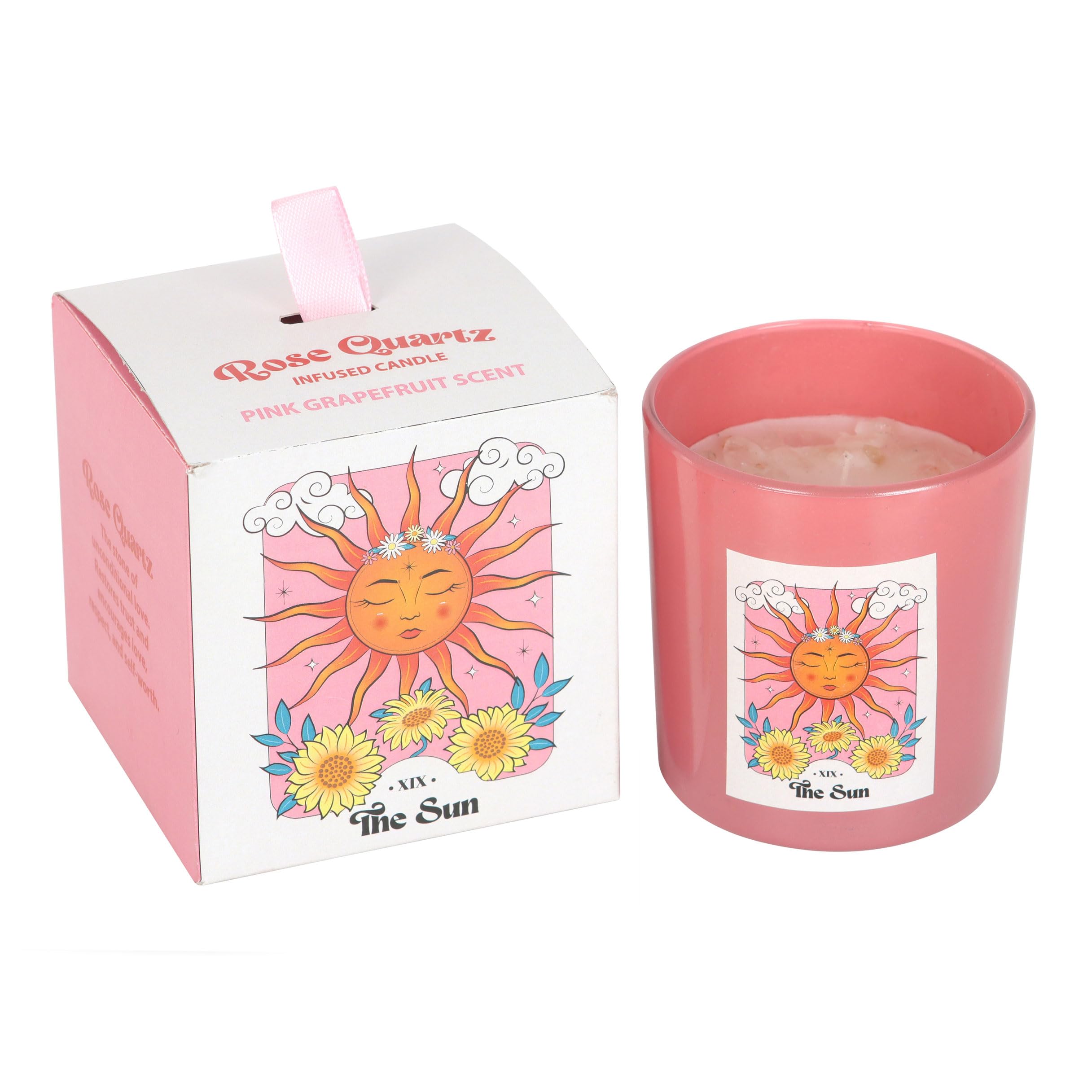 Celestial Dreams Candle: Pink Grapefruit Fragranced Sun Tarot Inspired Rose Quartz Crystal Chip Spiritual Home Decor
