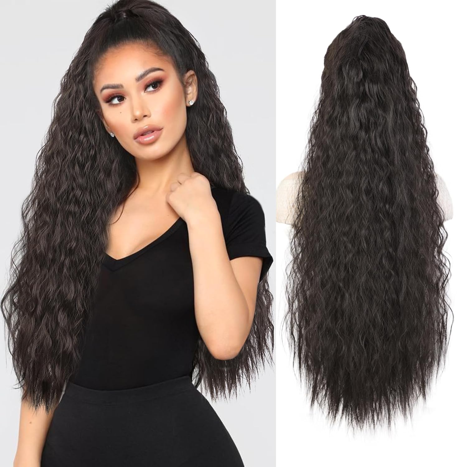 AISI BEAUTY Claw Ponytail Extensions, 30 Inch Long Curly Ponytail Clip in Hair Extension for Women, Fluffy Natural Looking Synthetic Ponytail Hairpiece for Daily Use(Black Brown)