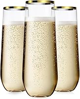 Maaacute 24 Pack 9oz Stemless Plastic Champagne Flutes Gold Rim - Shatterproof Disposable Mimosa Glasses for Weddings Parties