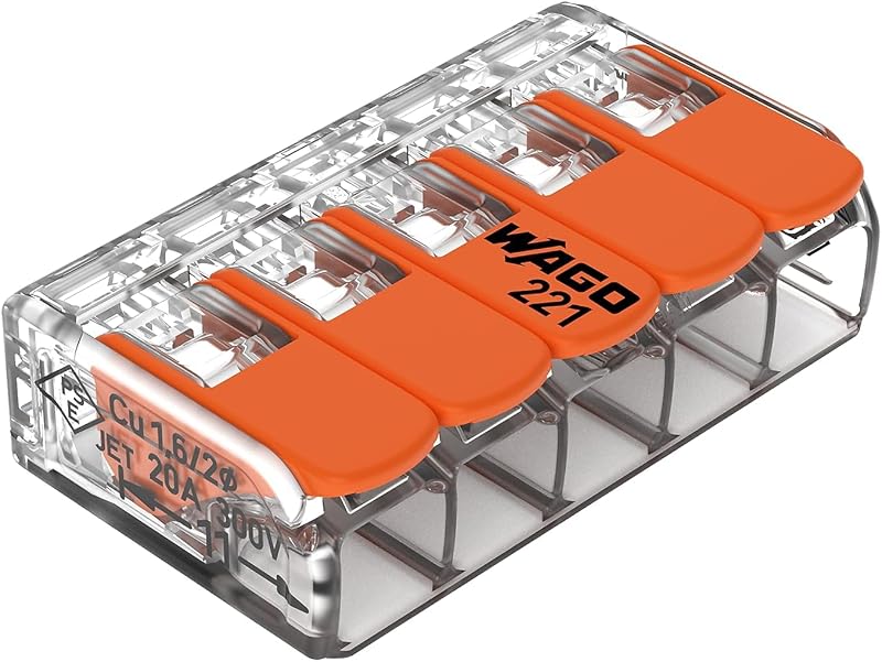 221-415 | WAGO Lever-Nuts® Splicing Connector | for Solid and Stranded Conductors | 5-Conductor with Operating levers | 24-12 AWG | Transparent housing | [Bag of 10 Pieces]