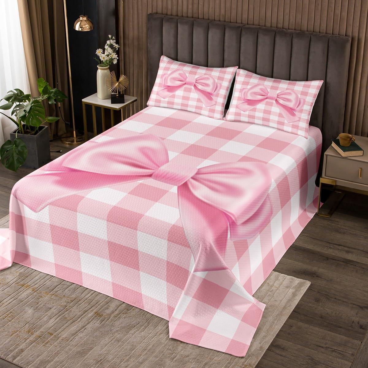 3D Bowknot Bedspread Twin Size Pink Checkered Grid Coverlet Set Kids Room Present Girly Dreamy Themed Bedroom Decor Bedding Set Cartoon Bow Bedding with 1 Pillowcase