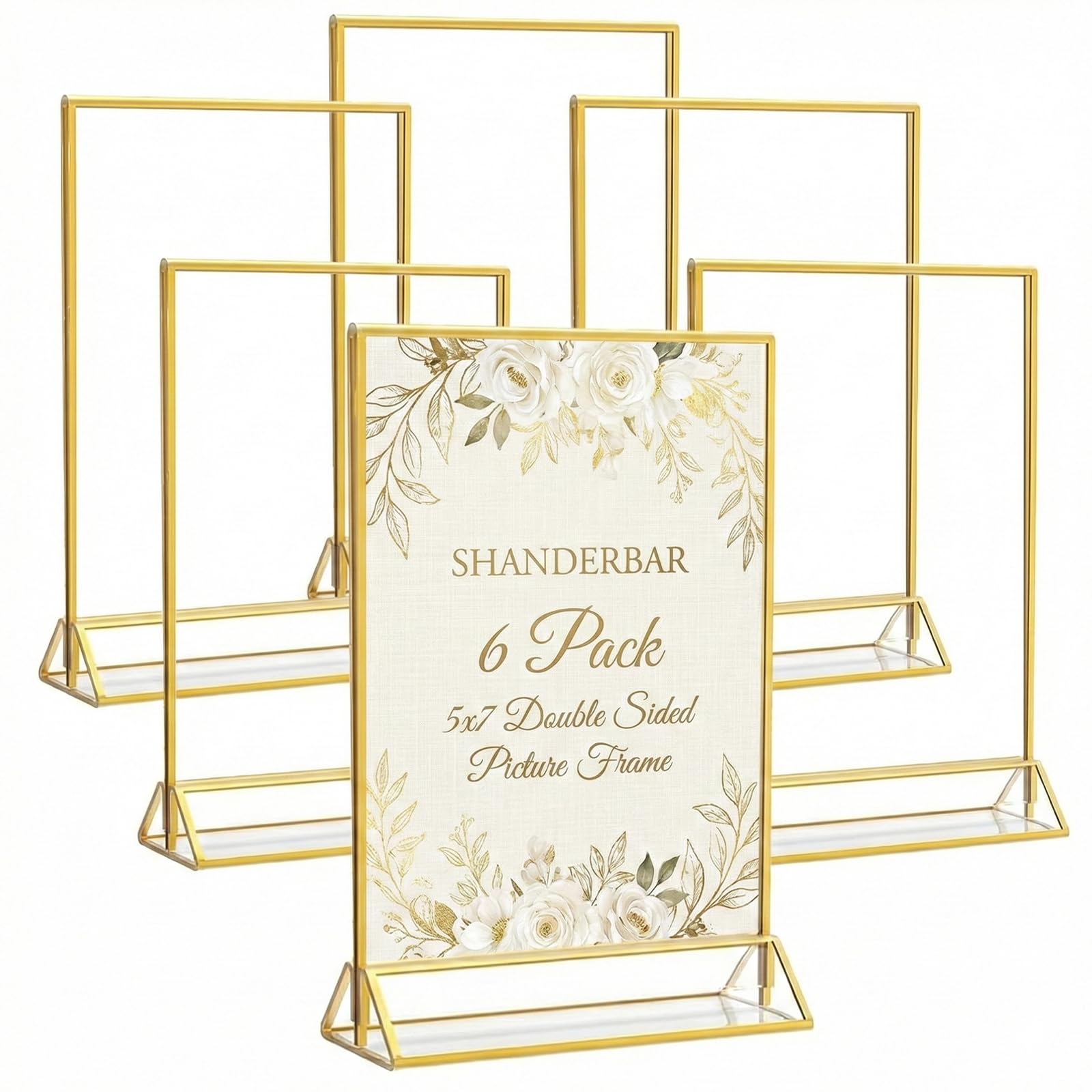 SHANDERBAR 6 Pack 5x7 Acrylic Sign Holder with Gold Borders, Double Sided Gold Picture Frames Clear Display Stands for Table Numbers, Menus, Photos,