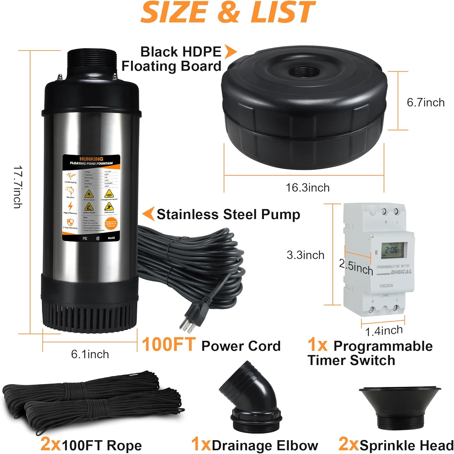 Pond Fountain Aerator, 1HP 16000 GPH 750W 110V/120V Stainless Steel Floating Fountain Pump With 100ft Power Cord & Rope & Timer for Small Large Outdoor Ponds & Lakes