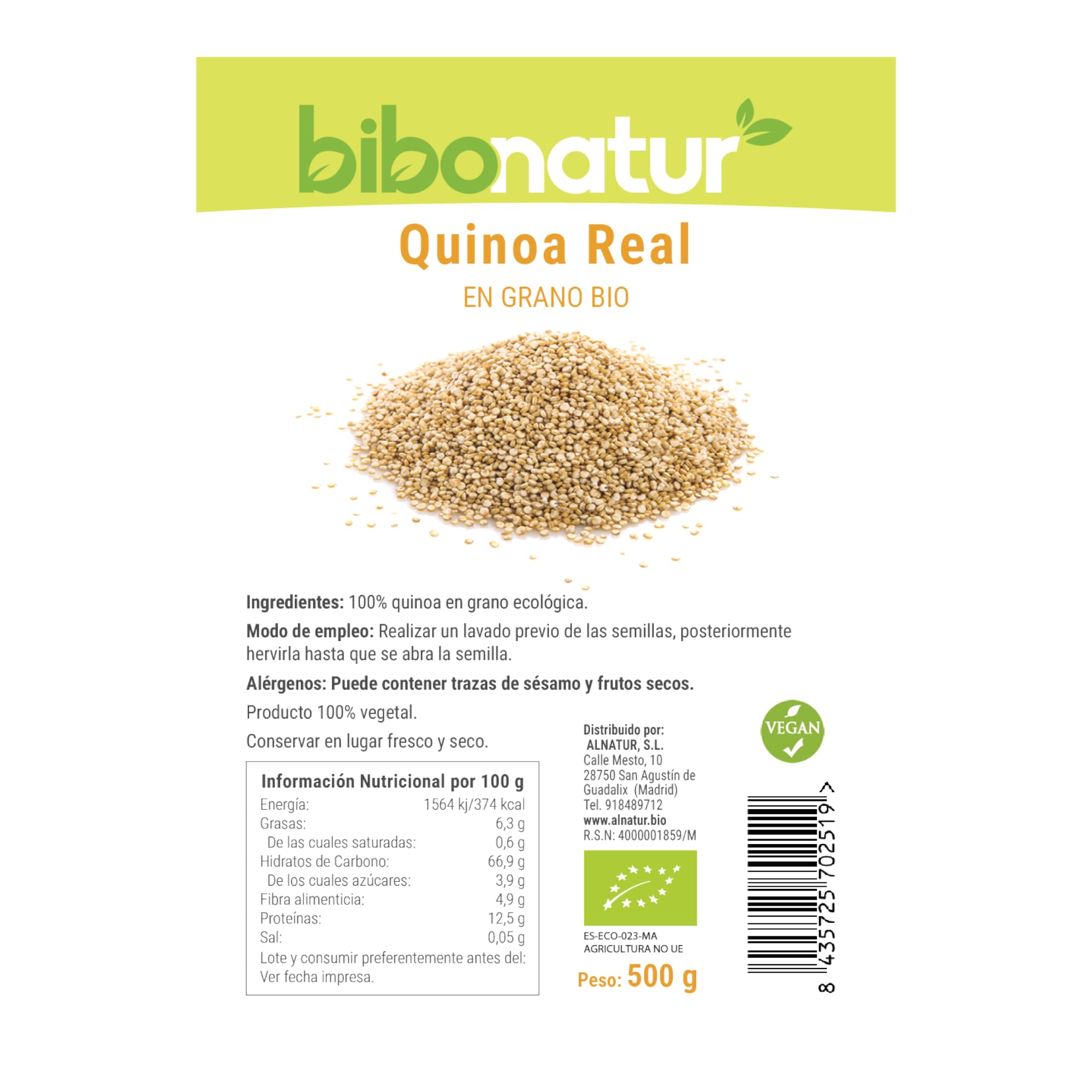 Bibonatur Quinoa Real en Grano BIO 500 gr. 100% Natural. Apta para Dieta Vegana. Cultivo Ecológico Certificado