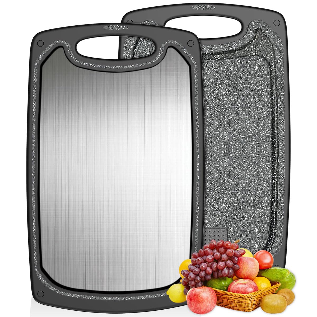KIMIUP Stainless Steel Chopping Board,Dual-Sided Food Grade 304 Chopping Boards for Kitchens,Meat,Bread,Dishwasher-Safe Cutting Board,Juice Groove,Easy Grip Handle,Non Slip Rubber