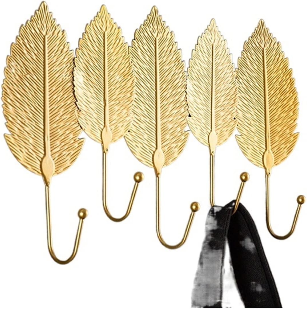 Coat Rack Nordic Modern Home Decor Bathroom Accessories Wall Decoration Golden Iron Leaf Gate Hook Up Wall Key Hanger Clothes Rack Hooks Wall Mounted Coat Rack (A)