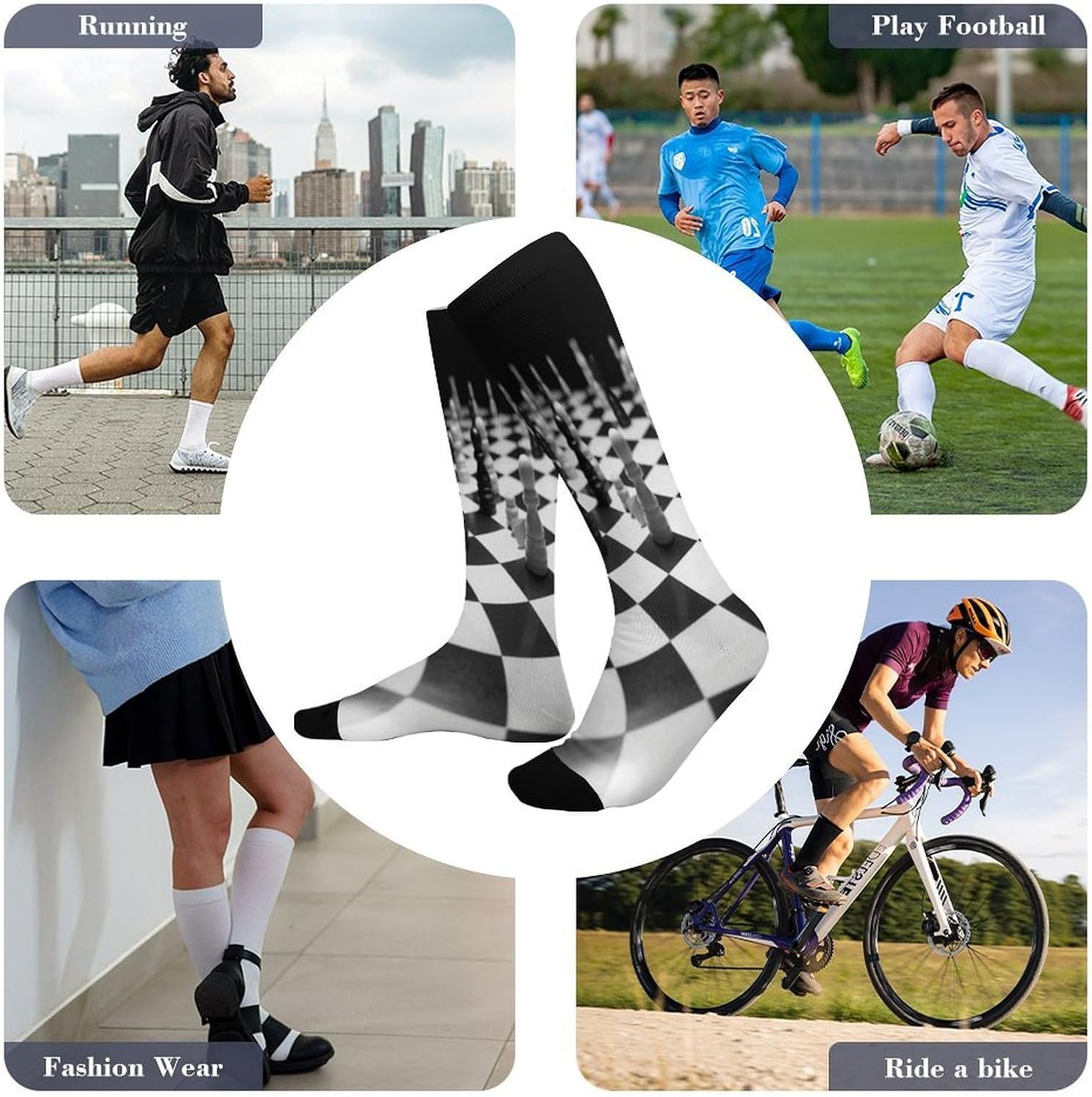 Black White Chess Checkerboard Compression Sock Circulation Support Socks Lightweight Knee High Tube Sock Over-The-Calf Sock for Adult