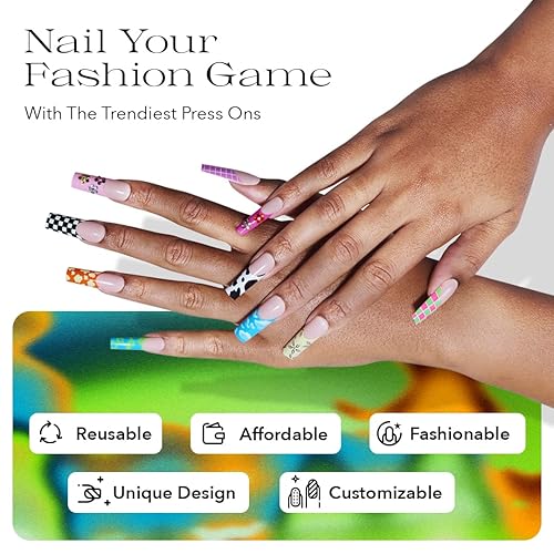 Miniatura 6 de FYC Finesseyourclaws, uñas a presión, The Influencer, acabado brillante, diseño múltiple, uñas cuadradas largas, reutilizables, 12 tamaños, 24 uñas