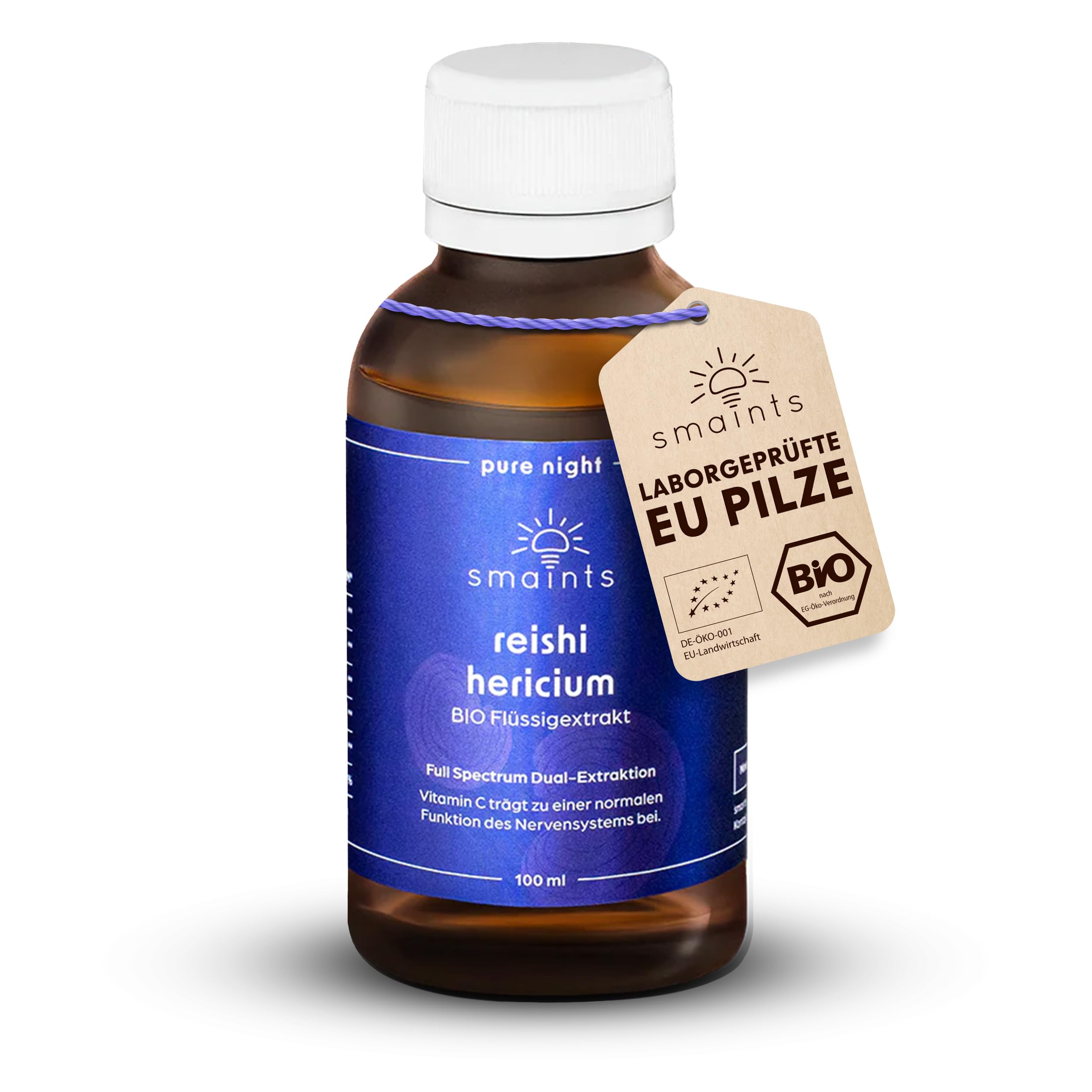 smaints Bio Reishi & Hericium Flüssigextrakt | Bio-Vitalpilz-Dualextrakt mit über 40% Polysacchariden | Hochdosiert maximale Bioverfügbarkeit | Vitamin C zur Unterstützung des Nervensystems* am Abend
