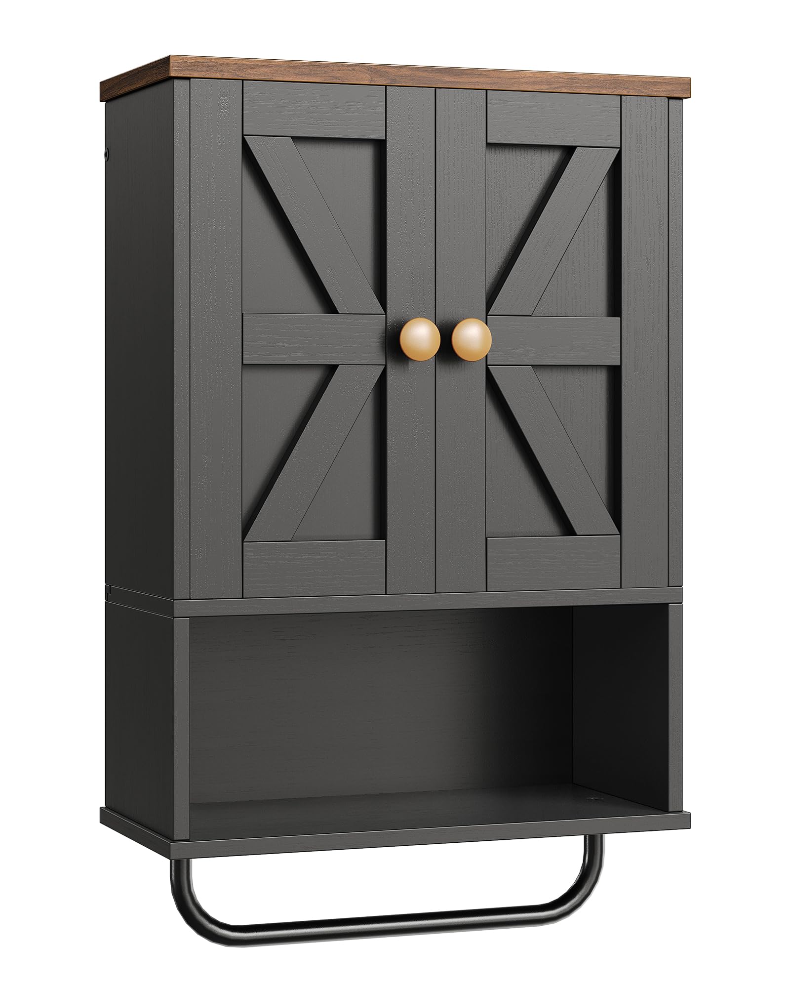 CHOEZON Mueble de Baño Colgante de 2 Puertas, Armario de Pared con Compartimento Abierto y Toallero, Botiquín, Estilo Granero, para Dormitorio, Sala de Estar, Cocina, Negro y Nogal Marrón