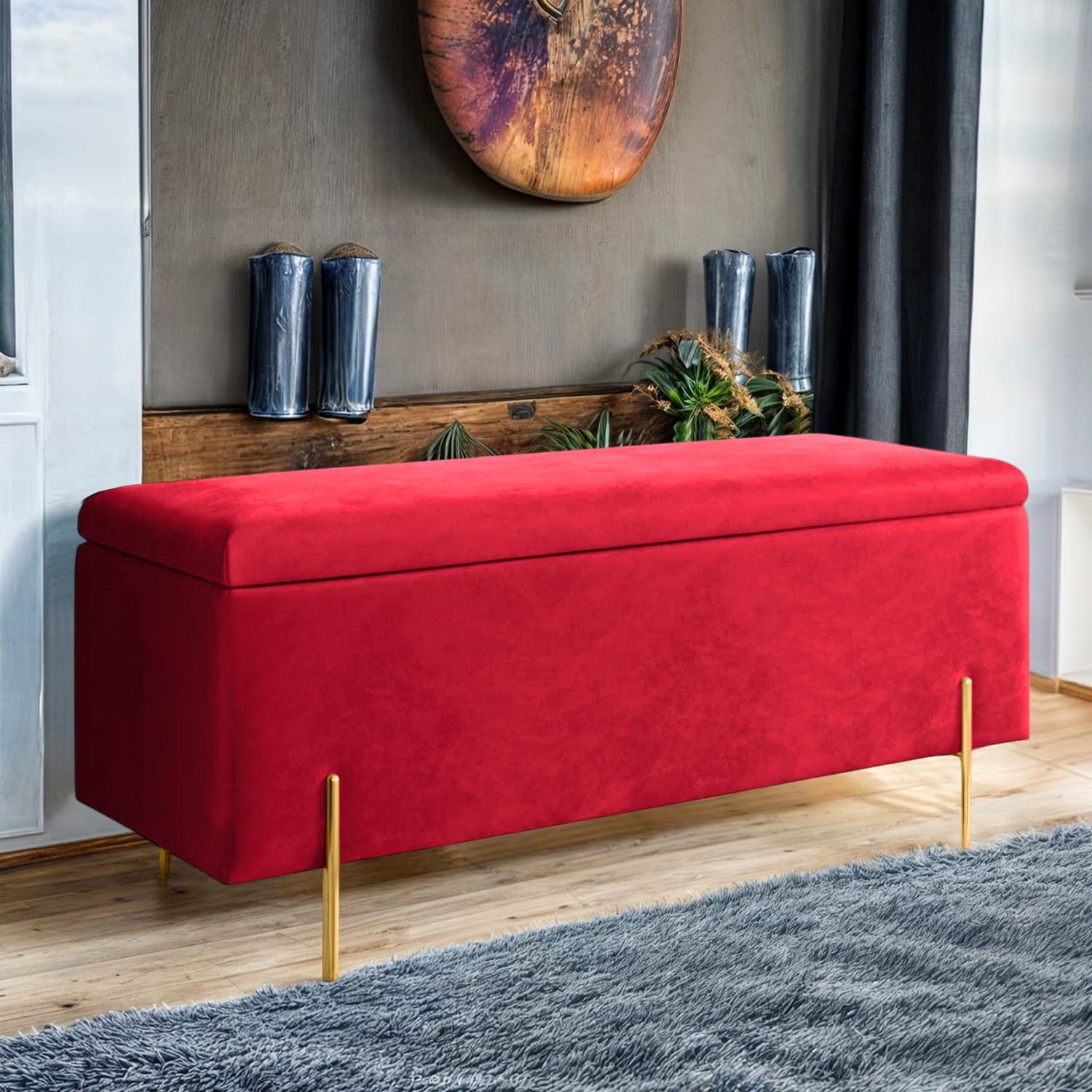Harveys Plain Luxurious Velvet Ottoman Storage Bench, With Legs, Red โ image 1