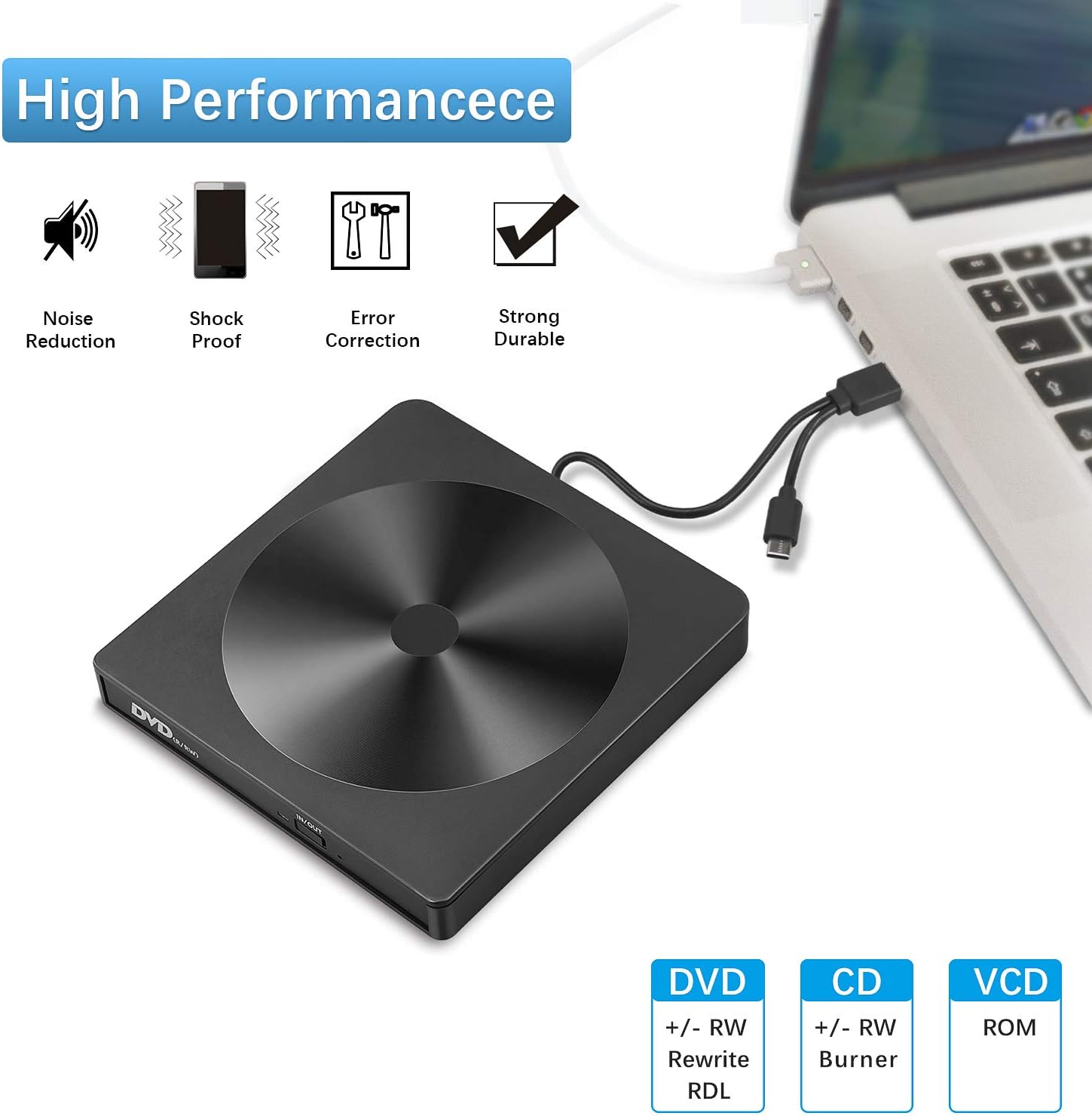 Haiway External CD DVD Drive USB 3.0 Type-C Portable CD/DVD ROM Drive Burner Rewriter with Protective Storage Carrying Case Bag for Windows Linux Mac Laptop Desktop, MacBook Pro/Air, iMac